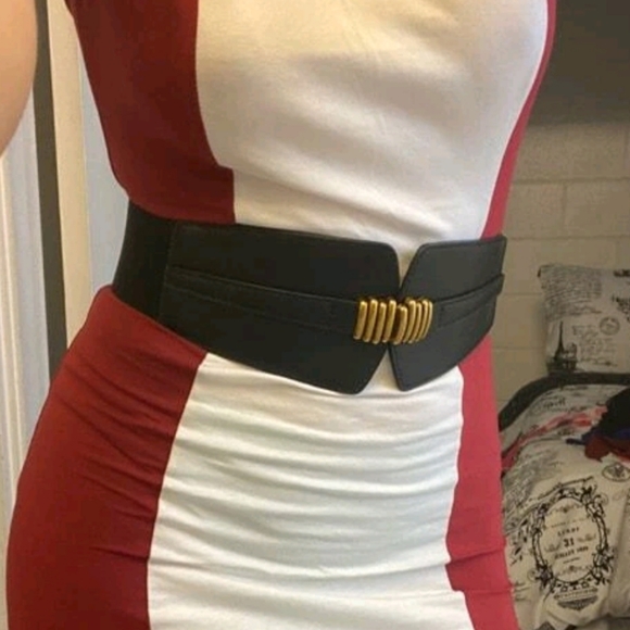 Womens Black Vintage corset boho elastic wide Faux leather gold stick waist belt - Picture 7 of 11